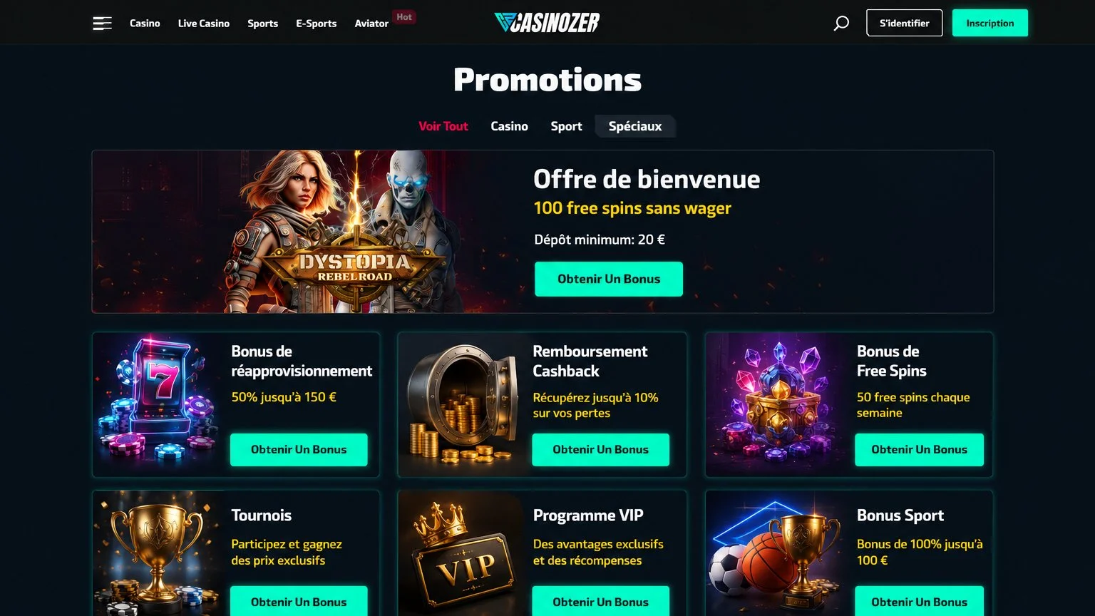 Bonus disponibles dans l'application Casinozer